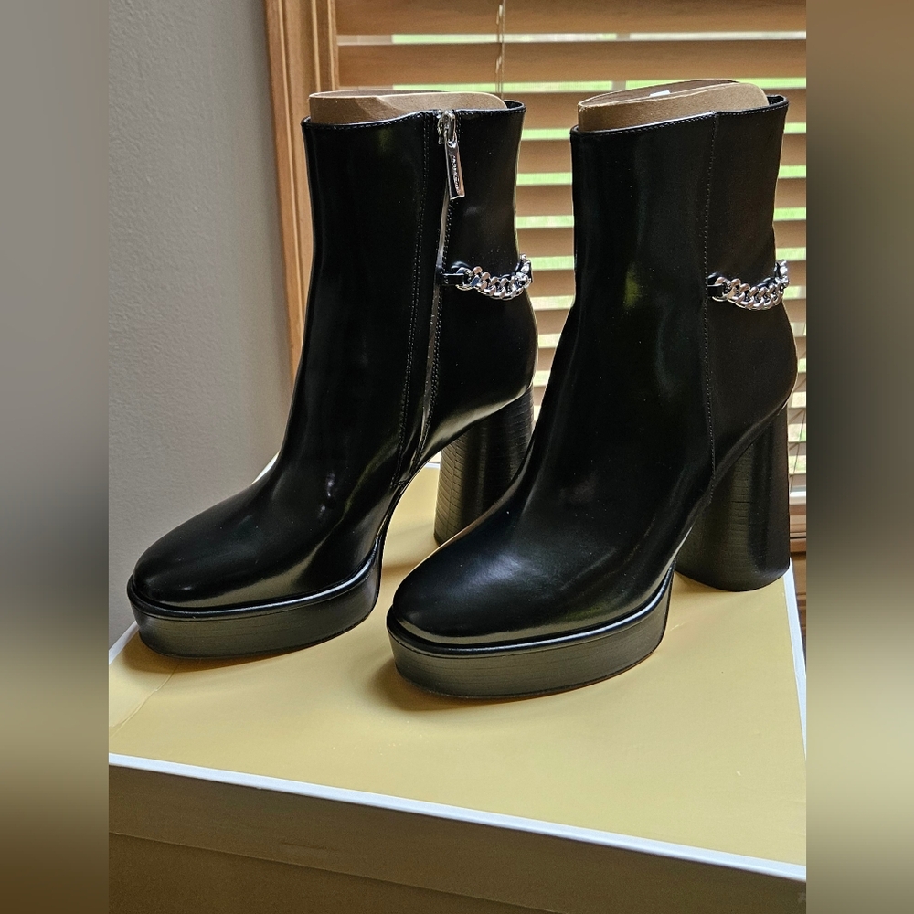Michael Kors Black Leather Ankle Boots with Chain Detail